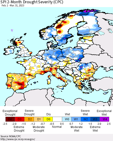 Europe SPI 2-Month Drought Severity (CPC) Thematic Map For 2/1/2023 - 3/31/2023