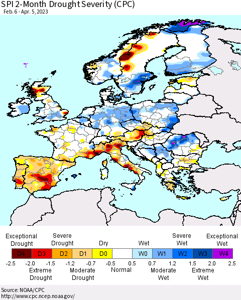 Europe SPI 2-Month Drought Severity (CPC) Thematic Map For 2/6/2023 - 4/5/2023