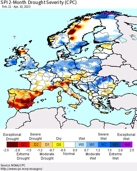 Europe SPI 2-Month Drought Severity (CPC) Thematic Map For 2/11/2023 - 4/10/2023