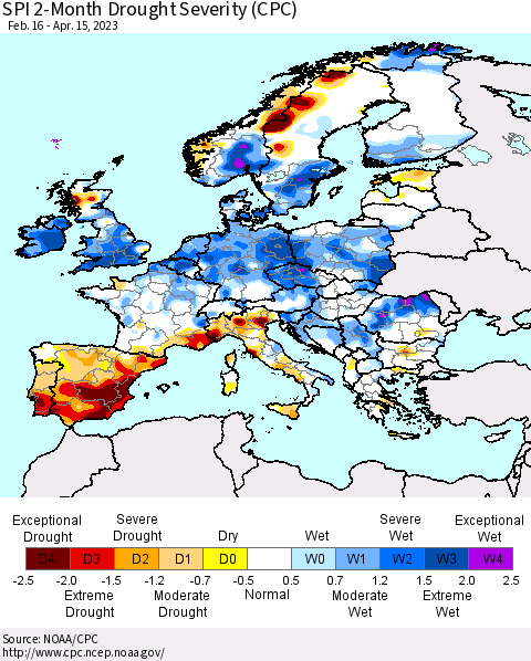 Europe SPI 2-Month Drought Severity (CPC) Thematic Map For 2/16/2023 - 4/15/2023