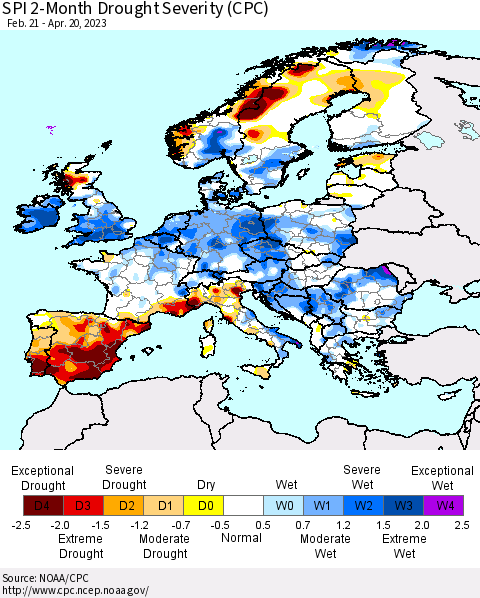 Europe SPI 2-Month Drought Severity (CPC) Thematic Map For 2/21/2023 - 4/20/2023