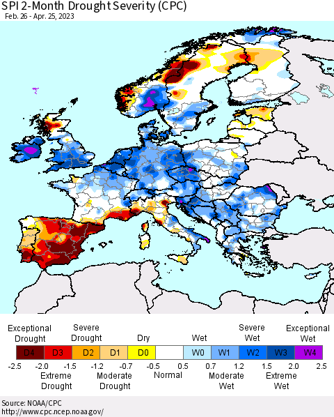 Europe SPI 2-Month Drought Severity (CPC) Thematic Map For 2/26/2023 - 4/25/2023