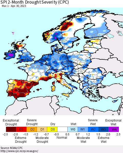 Europe SPI 2-Month Drought Severity (CPC) Thematic Map For 3/1/2023 - 4/30/2023