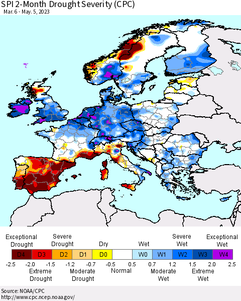 Europe SPI 2-Month Drought Severity (CPC) Thematic Map For 3/6/2023 - 5/5/2023