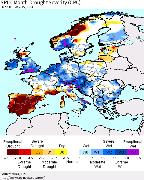 Europe SPI 2-Month Drought Severity (CPC) Thematic Map For 3/16/2023 - 5/15/2023