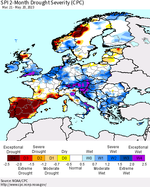 Europe SPI 2-Month Drought Severity (CPC) Thematic Map For 3/21/2023 - 5/20/2023