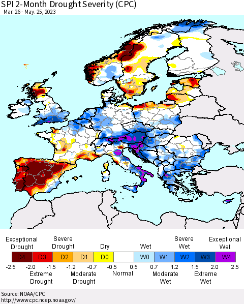 Europe SPI 2-Month Drought Severity (CPC) Thematic Map For 3/26/2023 - 5/25/2023