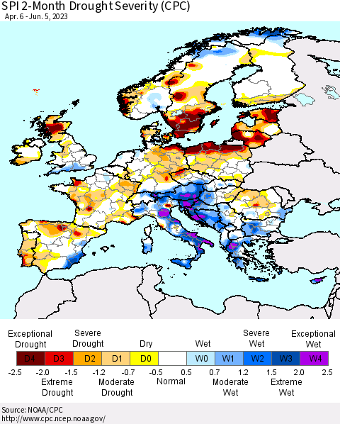 Europe SPI 2-Month Drought Severity (CPC) Thematic Map For 4/6/2023 - 6/5/2023
