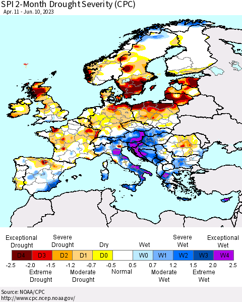 Europe SPI 2-Month Drought Severity (CPC) Thematic Map For 4/11/2023 - 6/10/2023