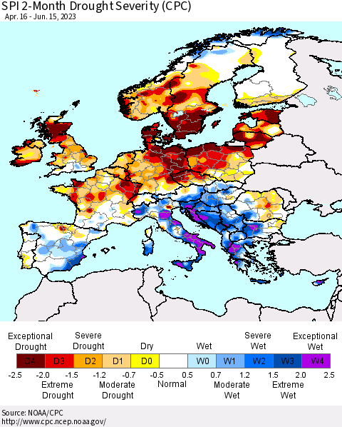 Europe SPI 2-Month Drought Severity (CPC) Thematic Map For 4/16/2023 - 6/15/2023