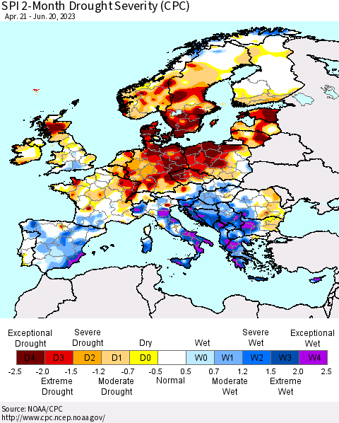 Europe SPI 2-Month Drought Severity (CPC) Thematic Map For 4/21/2023 - 6/20/2023