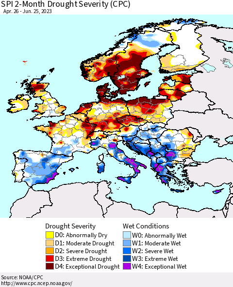 Europe SPI 2-Month Drought Severity (CPC) Thematic Map For 4/26/2023 - 6/25/2023