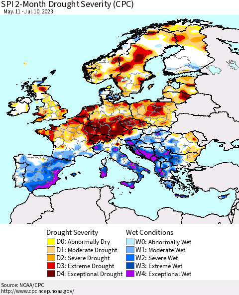 Europe SPI 2-Month Drought Severity (CPC) Thematic Map For 5/11/2023 - 7/10/2023