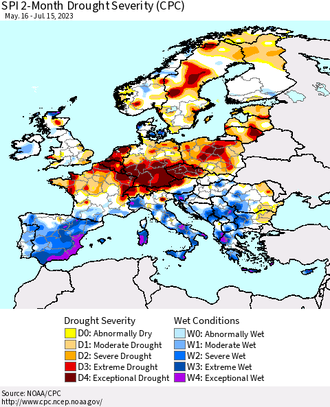 Europe SPI 2-Month Drought Severity (CPC) Thematic Map For 5/16/2023 - 7/15/2023