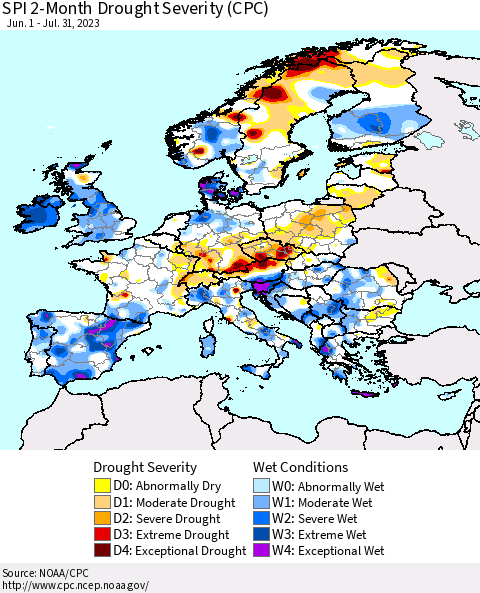 Europe SPI 2-Month Drought Severity (CPC) Thematic Map For 6/1/2023 - 7/31/2023