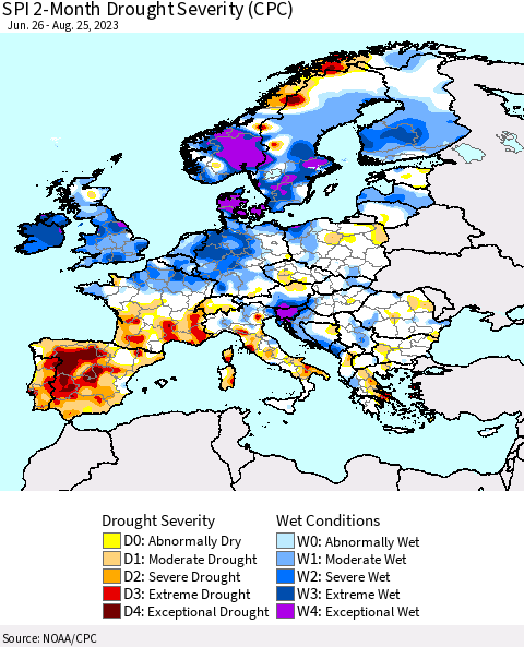 Europe SPI 2-Month Drought Severity (CPC) Thematic Map For 6/26/2023 - 8/25/2023