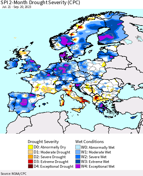 Europe SPI 2-Month Drought Severity (CPC) Thematic Map For 7/21/2023 - 9/20/2023