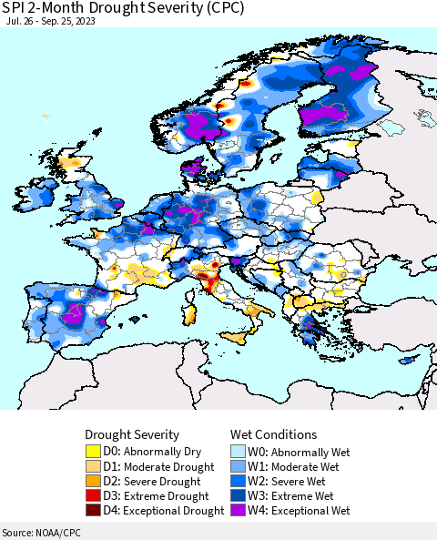 Europe SPI 2-Month Drought Severity (CPC) Thematic Map For 7/26/2023 - 9/25/2023