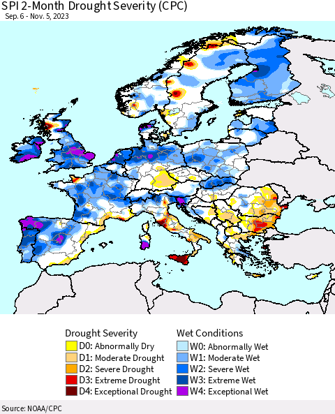 Europe SPI 2-Month Drought Severity (CPC) Thematic Map For 9/6/2023 - 11/5/2023