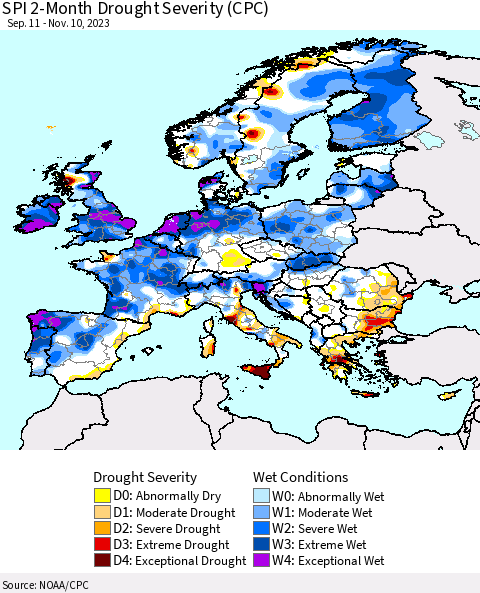 Europe SPI 2-Month Drought Severity (CPC) Thematic Map For 9/11/2023 - 11/10/2023