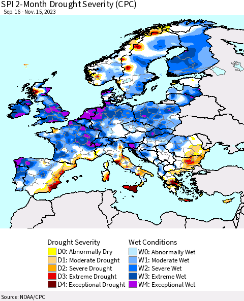 Europe SPI 2-Month Drought Severity (CPC) Thematic Map For 9/16/2023 - 11/15/2023