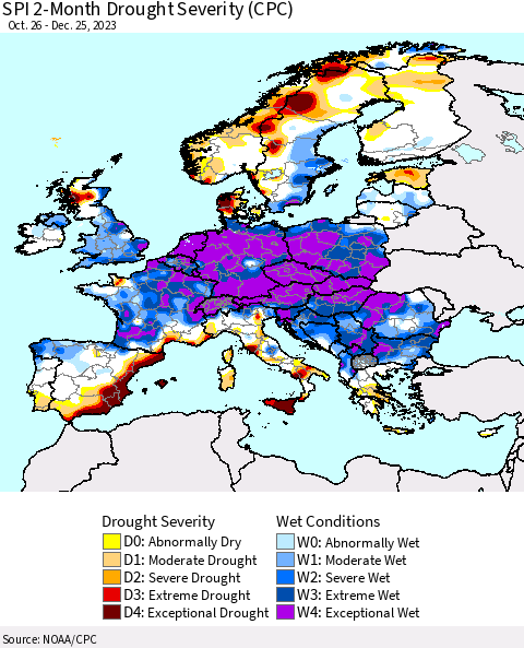 Europe SPI 2-Month Drought Severity (CPC) Thematic Map For 10/26/2023 - 12/25/2023