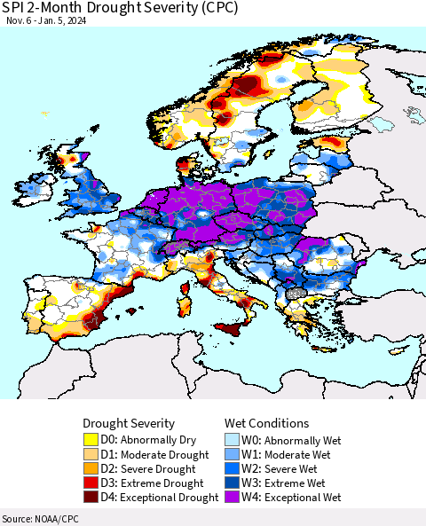 Europe SPI 2-Month Drought Severity (CPC) Thematic Map For 11/6/2023 - 1/5/2024