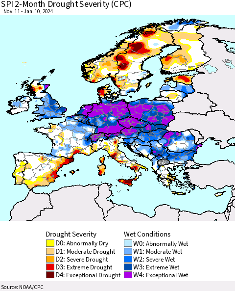 Europe SPI 2-Month Drought Severity (CPC) Thematic Map For 11/11/2023 - 1/10/2024