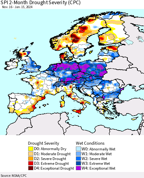 Europe SPI 2-Month Drought Severity (CPC) Thematic Map For 11/16/2023 - 1/15/2024