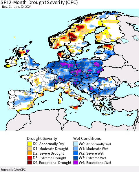 Europe SPI 2-Month Drought Severity (CPC) Thematic Map For 11/21/2023 - 1/20/2024
