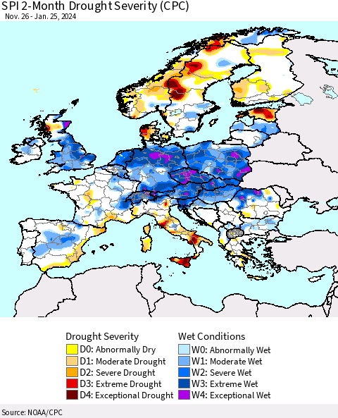 Europe SPI 2-Month Drought Severity (CPC) Thematic Map For 11/26/2023 - 1/25/2024