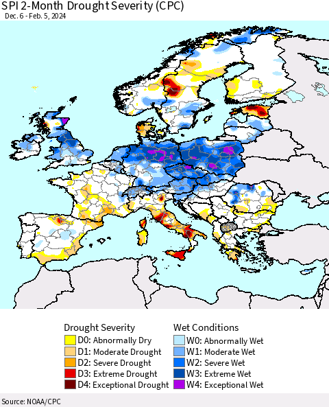 Europe SPI 2-Month Drought Severity (CPC) Thematic Map For 12/6/2023 - 2/5/2024