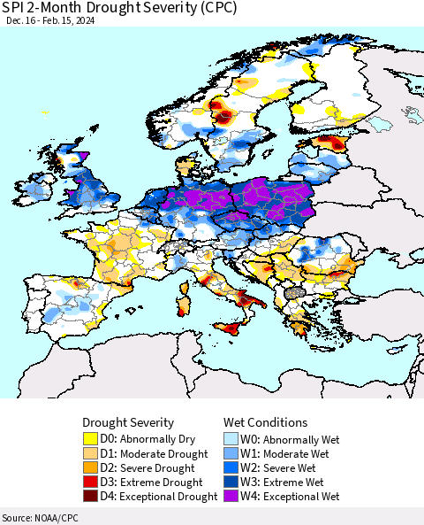 Europe SPI 2-Month Drought Severity (CPC) Thematic Map For 12/16/2023 - 2/15/2024