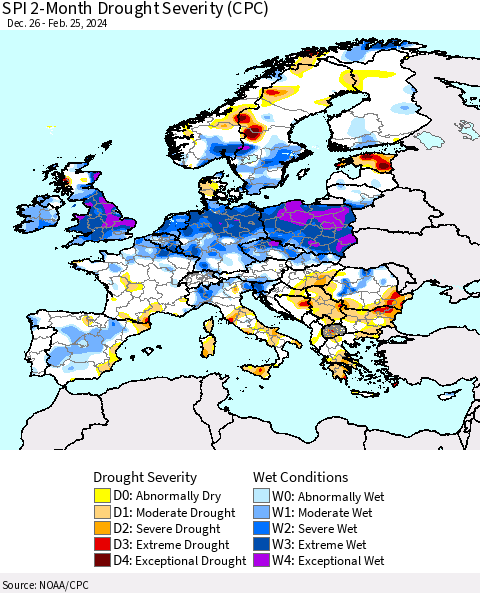 Europe SPI 2-Month Drought Severity (CPC) Thematic Map For 12/26/2023 - 2/25/2024