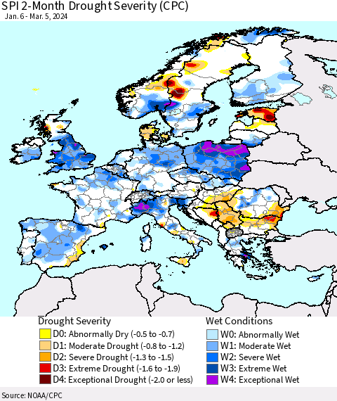 Europe SPI 2-Month Drought Severity (CPC) Thematic Map For 1/6/2024 - 3/5/2024