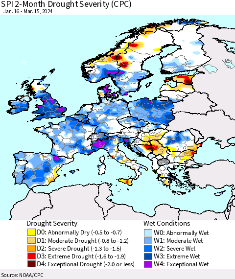 Europe SPI 2-Month Drought Severity (CPC) Thematic Map For 1/16/2024 - 3/15/2024