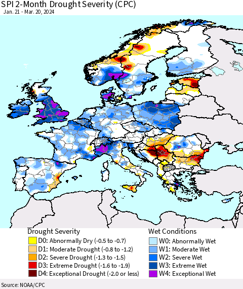 Europe SPI 2-Month Drought Severity (CPC) Thematic Map For 1/21/2024 - 3/20/2024
