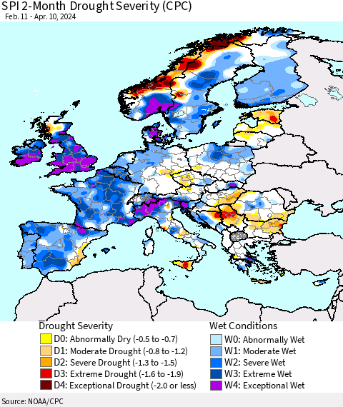 Europe SPI 2-Month Drought Severity (CPC) Thematic Map For 2/11/2024 - 4/10/2024