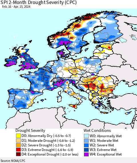 Europe SPI 2-Month Drought Severity (CPC) Thematic Map For 2/16/2024 - 4/15/2024