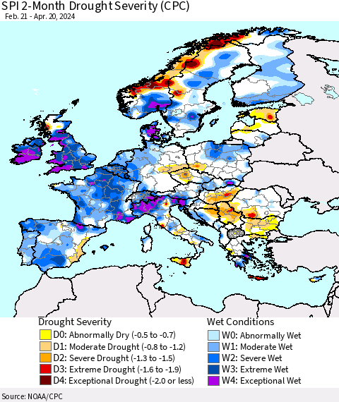 Europe SPI 2-Month Drought Severity (CPC) Thematic Map For 2/21/2024 - 4/20/2024