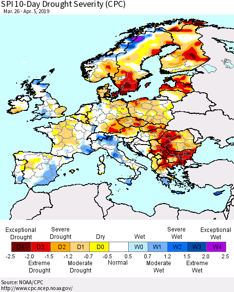 Europe SPI 10-Day Drought Severity (CPC) Thematic Map For 3/26/2019 - 4/5/2019