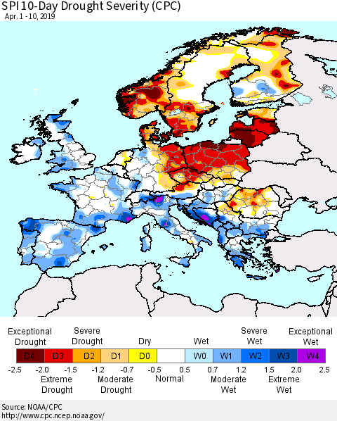 Europe SPI 10-Day Drought Severity (CPC) Thematic Map For 4/1/2019 - 4/10/2019