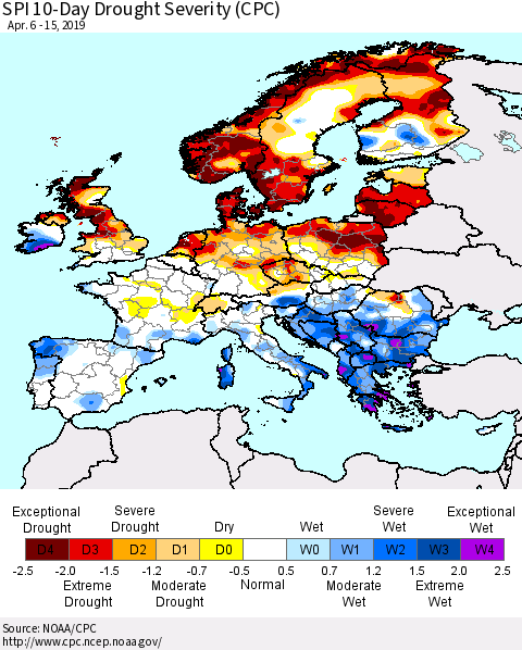 Europe SPI 10-Day Drought Severity (CPC) Thematic Map For 4/6/2019 - 4/15/2019