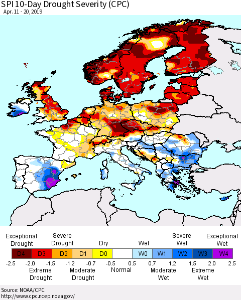 Europe SPI 10-Day Drought Severity (CPC) Thematic Map For 4/11/2019 - 4/20/2019