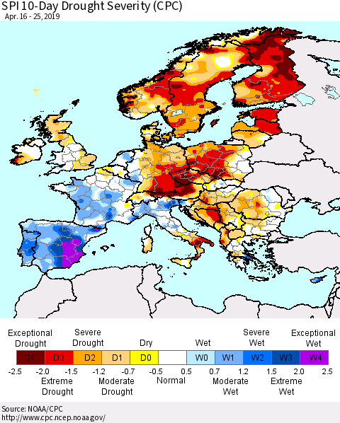 Europe SPI 10-Day Drought Severity (CPC) Thematic Map For 4/16/2019 - 4/25/2019