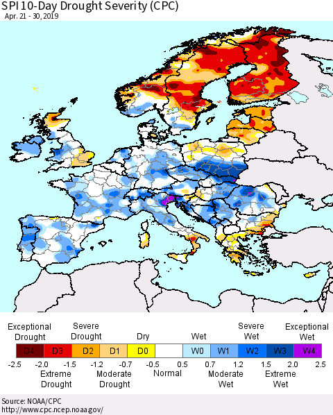 Europe SPI 10-Day Drought Severity (CPC) Thematic Map For 4/21/2019 - 4/30/2019