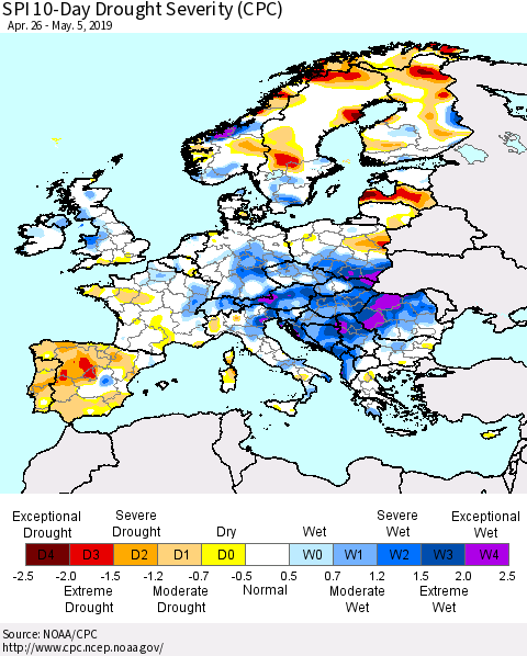 Europe SPI 10-Day Drought Severity (CPC) Thematic Map For 4/26/2019 - 5/5/2019