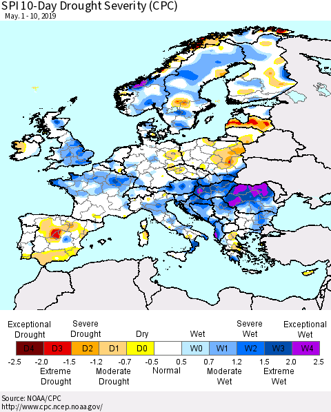 Europe SPI 10-Day Drought Severity (CPC) Thematic Map For 5/1/2019 - 5/10/2019