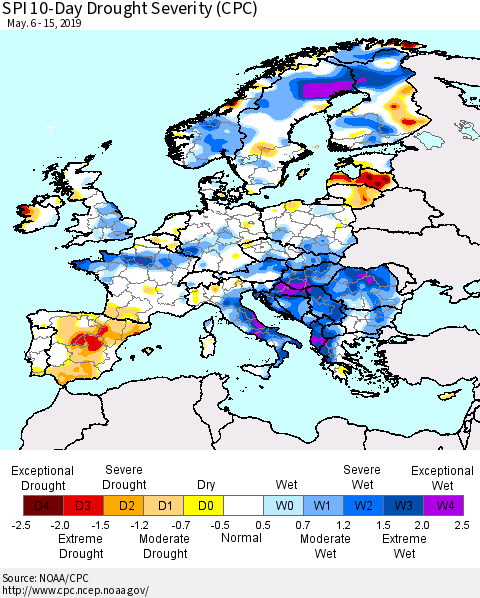 Europe SPI 10-Day Drought Severity (CPC) Thematic Map For 5/6/2019 - 5/15/2019