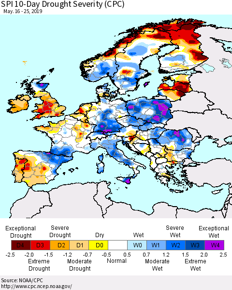 Europe SPI 10-Day Drought Severity (CPC) Thematic Map For 5/16/2019 - 5/25/2019